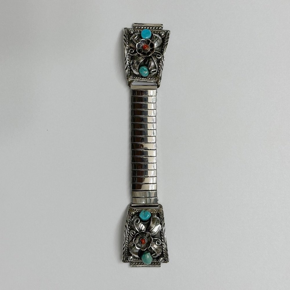 18mm Coral & Turquoise Raised Sterling Silver Flower Foliage Metal Watc…